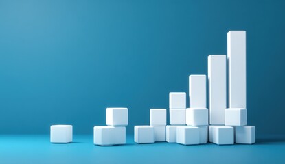A 3D graphic of stacked white blocks forming a rising bar graph against a teal background