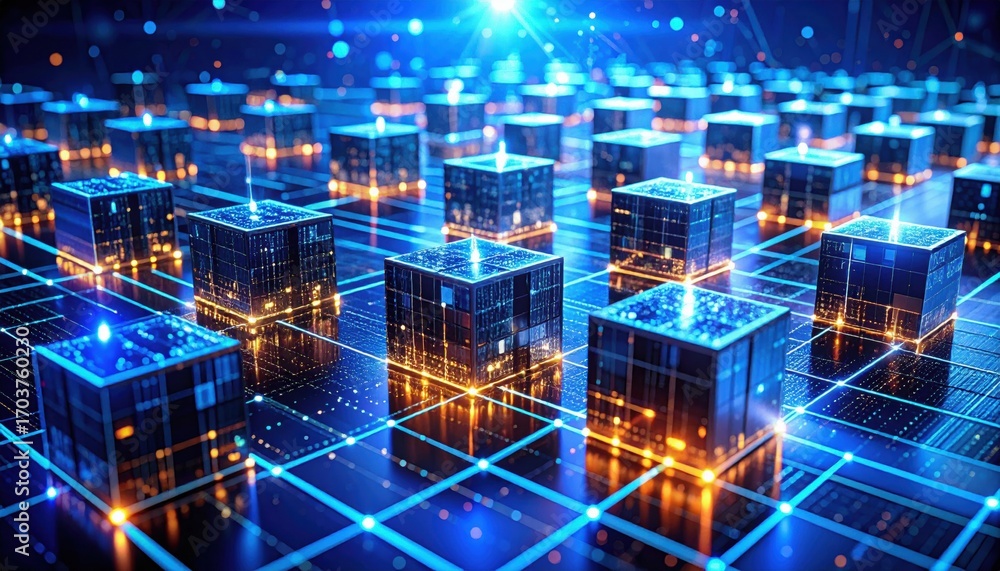 Poster a futuristic digital landscape featuring glowing cubes on a grid, symbolizing advanced technology an