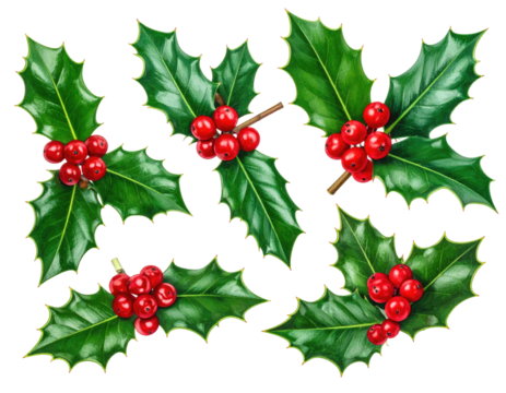 Holly sprigs, vibrant red berries, emerald green leaves,  arranged in a grid pattern