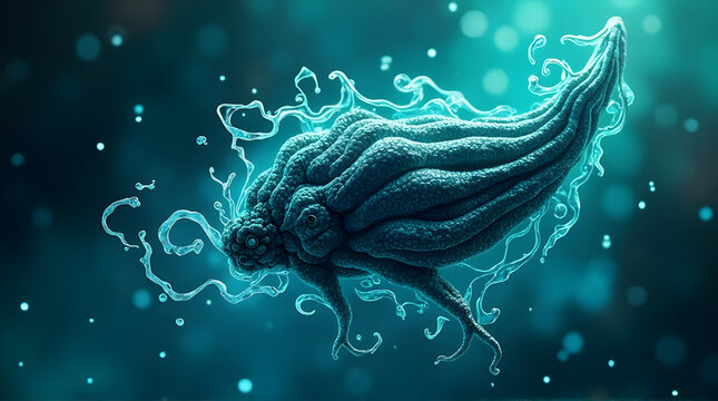 An abstract octopus like creature floating in a teal environment - Powered by Adobe