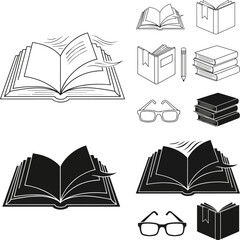 Isolated a collection of editable line and silhouette book-themed icons in vector art, showcasing an open book with pages turning in the wind, vector art with white background..