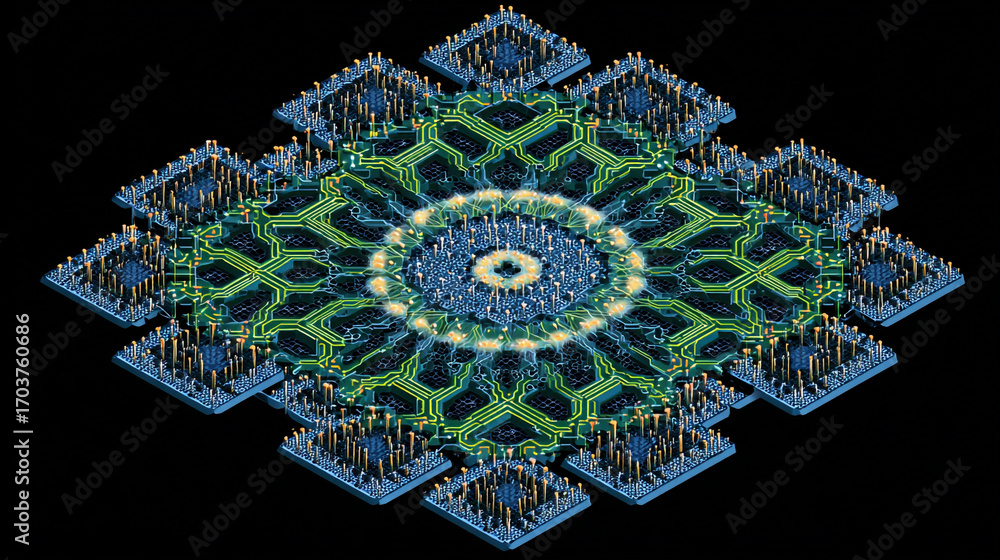 Poster abstract digital circuit board design showcasing intricate connections and processing units a comple