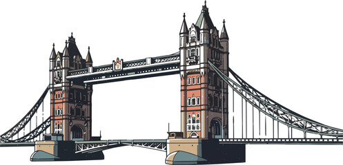 Isolated a Retro style vector icon of London Tower Bridge, vintage color scheme, textured vector art with white background..