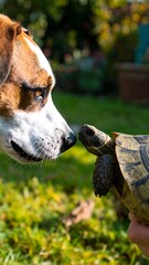 Dog and turtle face-to-face in garden