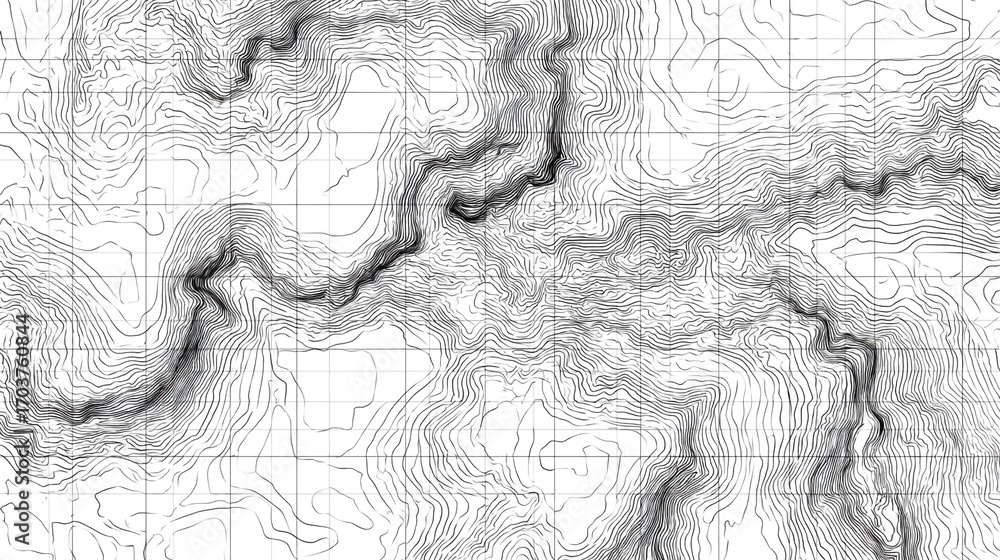 Poster topographic map showing elevation contours and grid lines detailed terrain representation