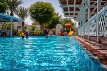 Blurred outdoor pool scene with children