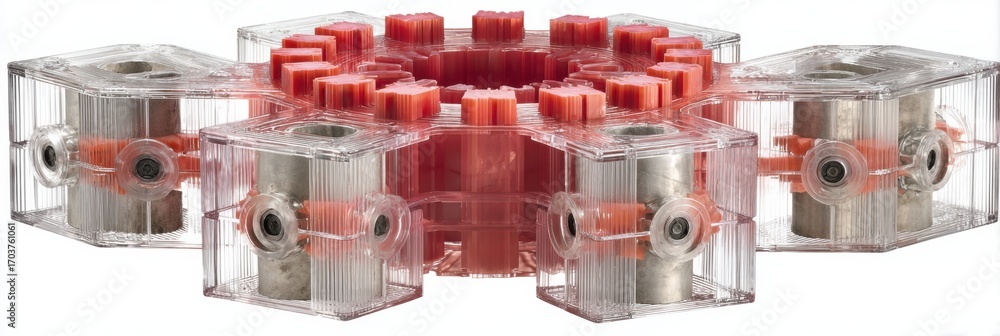 Aufkleber complex mechanical structure with transparent casing and red components used in engineering applicat