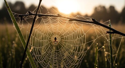Spiderweb with dew drops at sunrise in a field.