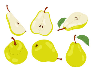 Set of flat illustrations of ripe pear. Sliced and whole pear on white background. Fruit. Healthy fruit snack.