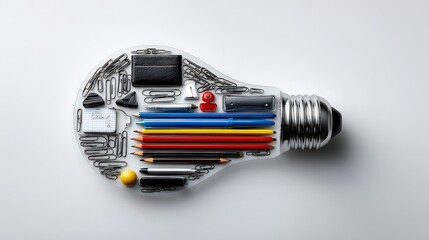A creative arrangement of office supplies shaped like a light bulb, symbolizing ideas and innovation, ideal for presentations, blogs, or articles about creativity, productivity