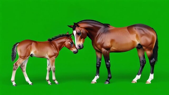 A brown horse and a foal interacting affectionately on a vibrant green background studio shot animal green screen video