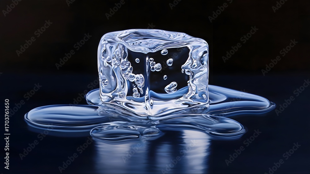 Poster a single, clear ice cube resting on a glossy, reflective surface, creating a mirrored effect and sho
