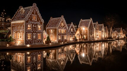 Fototapeta premium Illuminated gingerbread houses reflected in water at night creating a festive christmas atmosphere