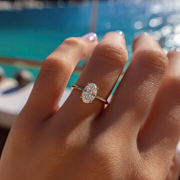 Close-up of a hand modeling a solitaire oval-cut gemstone ring on a thin band, set against a blurred seaside backdrop