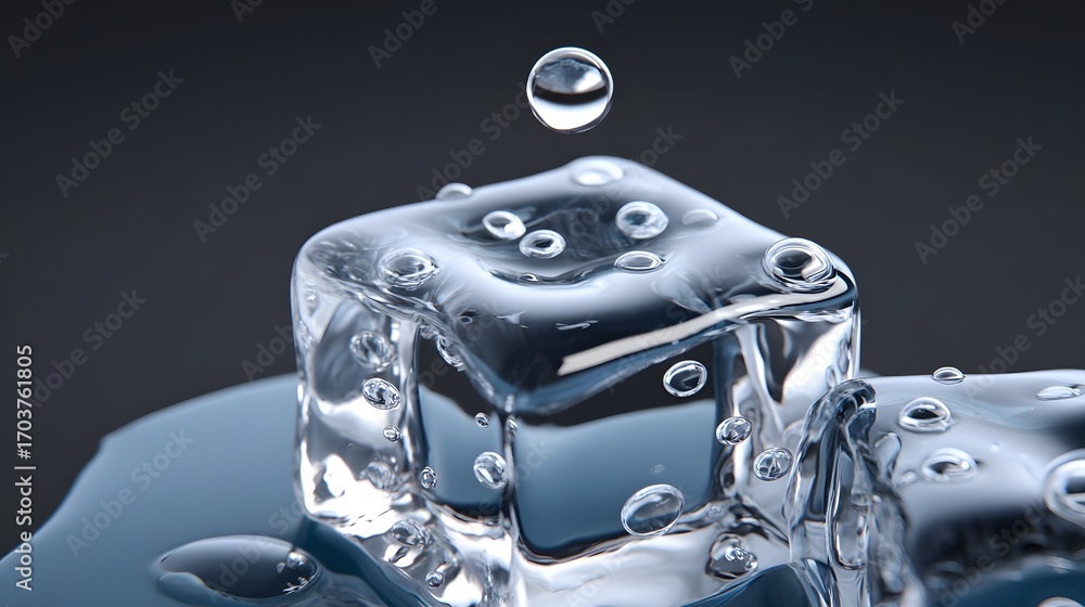 Aufkleber close-up of a clear, frozen ice cube with water droplets and reflections, creating an abstract, mini