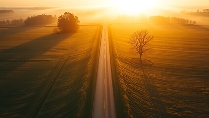 Aerial view of a forked country road in golden light, symbolizing journeys and choices.