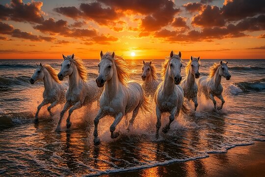 Seven white horses running on the beach at sunset with ocean waves Ai Genreted photo 