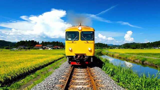 Kereta Kuning Melintas Lembah Pedesaan Musim Panas, Gaya Anime Cel-Shaded - AI Generated