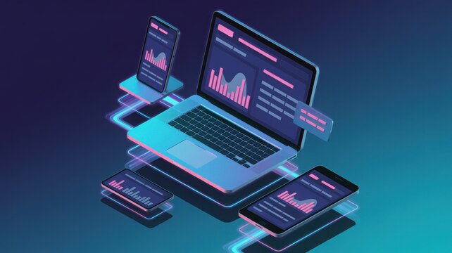 Isometric devices with data charts and neon light on dark background