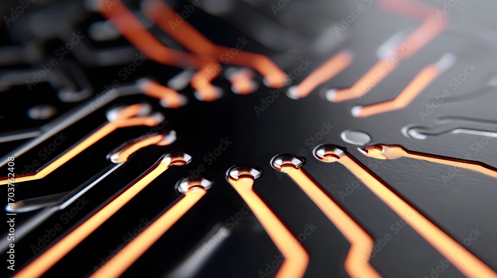 Poster close-up view of an intricate microchip circuit board with interconnected electronic components and 