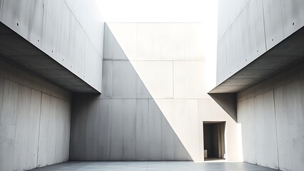 A monochrome concrete interior with clean lines and geometric shadows, illuminated by natural skylight.