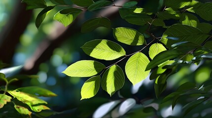 A close-up view of vibrant, freshly grown leaves on a tree branch, showcasing the rich colors and textures of the natural world.