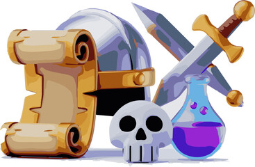 Isolated a kinds of deferent Gaming 3D medieval icons, Cartoon set for online games, apps. Gift UI, GUI for Mobile App. Ancient scroll, helmet, sword, potion, flag, sword, staff, skull and more vector