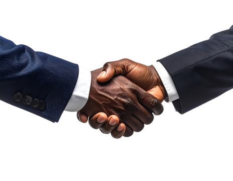 Close-up of two dark-skinned businesspeople shaking hands in suits