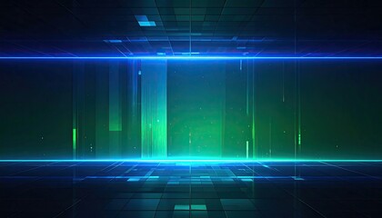 Abstract Dark Blue and Green Tiled Floor and Backgrop with Luminous Blue Horizontal Line and Glowing Beam Of Light