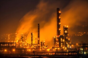 Fototapeta premium Industrial complex at night with bright lights and smoke.