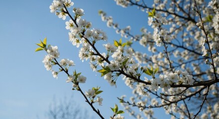 Blossoming tree branches against a clear blue sky.  Delicate white flowers and pale green leaves cluster on branches, extending towards the light