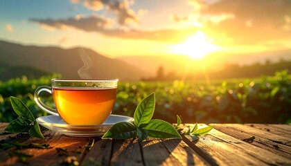 Tea cup at sunset over tea fields