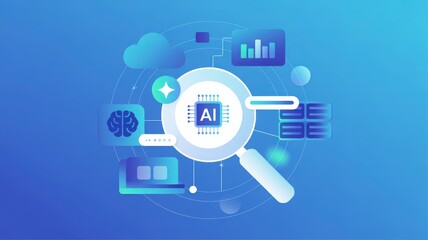 Artificial intelligence concept with magnifying glass and chip icon