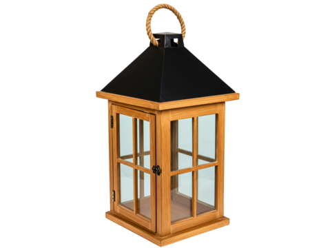 Wooden lantern with glass panels and metal handle isolated on transparent background