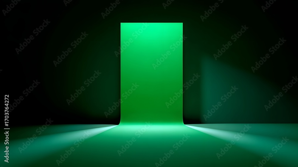 Poster a simple, minimalist green light studio backdrop with a rectangular shape and dramatic lighting cast