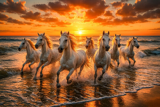 Seven white horses running on the beach at sunset with ocean waves Ai Genreted  image 