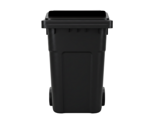 Black plastic trash can with lid isolated on transparent background