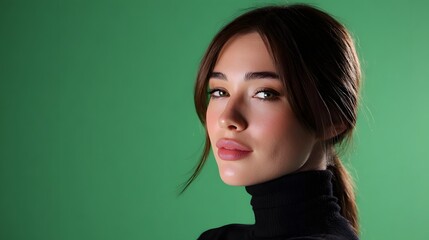 Stunning close-up portrait of an elegant, thoughtful woman with dark hair and makeup, set against a vibrant green background.