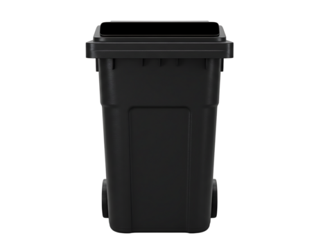 Black plastic trash can with lid isolated on transparent background