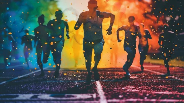 Stylized silhouettes of runners racing on track with colorful abstract background