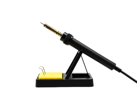 Soldering iron with stand and sponge isolated on transparent background