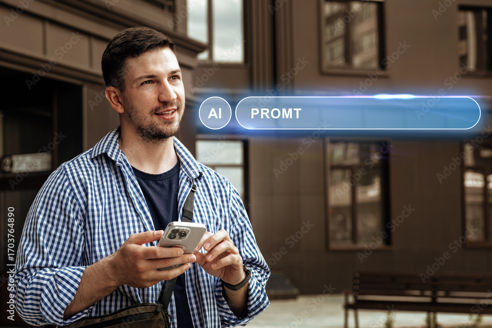 Poster man using smartphone with futuristic ai interface in urban setting during daylight hours