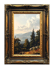 Framed landscape painting of mountains and trees under a cloudy sky