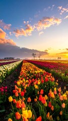 Fototapeta premium Colorful tulip fields at sunrise