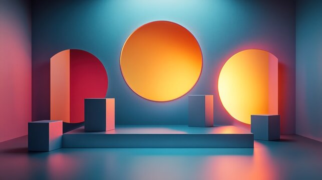 Minimalist display space with vibrant lighting and geometric shapes