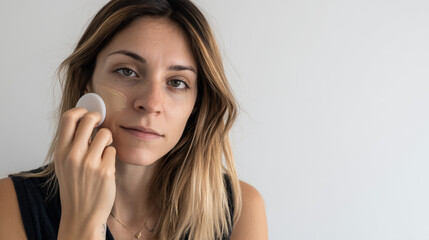 Fototapeta premium Midle East Woman in their 20 blending foundation on her face with makeup sponge