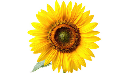 Fototapeta premium Close-up of a vibrant yellow sunflower, petals radiating outward from a dark-brown central disc. A single green leaf is visible