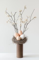 Elegant easter arrangement with soft pastel eggs and delicate floral branches in minimalist nesting design for spring celebrations