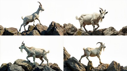 Four pictures of a goat standing on rock background figure style expression gesture cartoonish illustration creative depth design composition backgrounds colorful motion movement scene