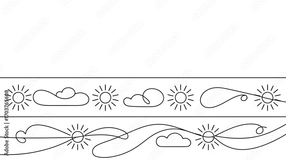 Poster a simple line drawing of suns and clouds arranged in two horizontal rows on a white background space